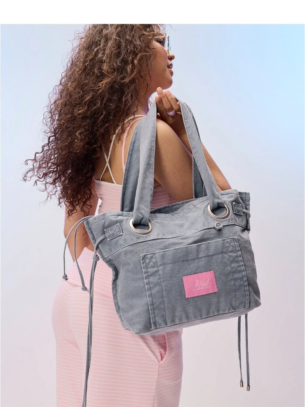 PINK Victoria's Secret Denim Flat Bottom Tote with Free Towel